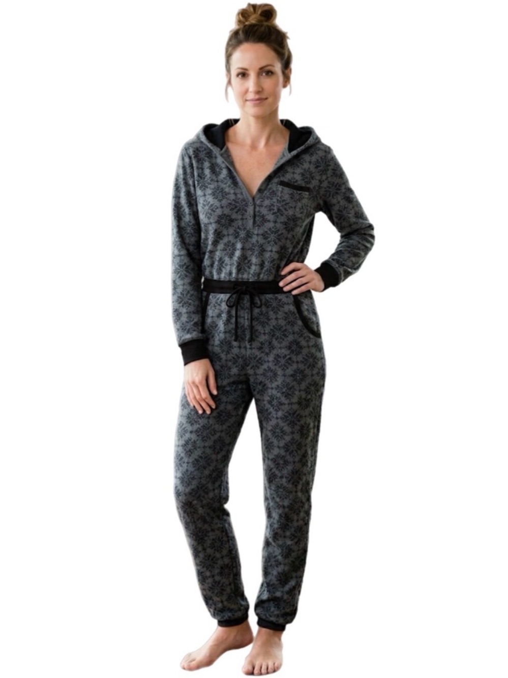 S Kenzie Women’s Gray and White Fleece Hooded Comfy Onesie Snowflake Pattern